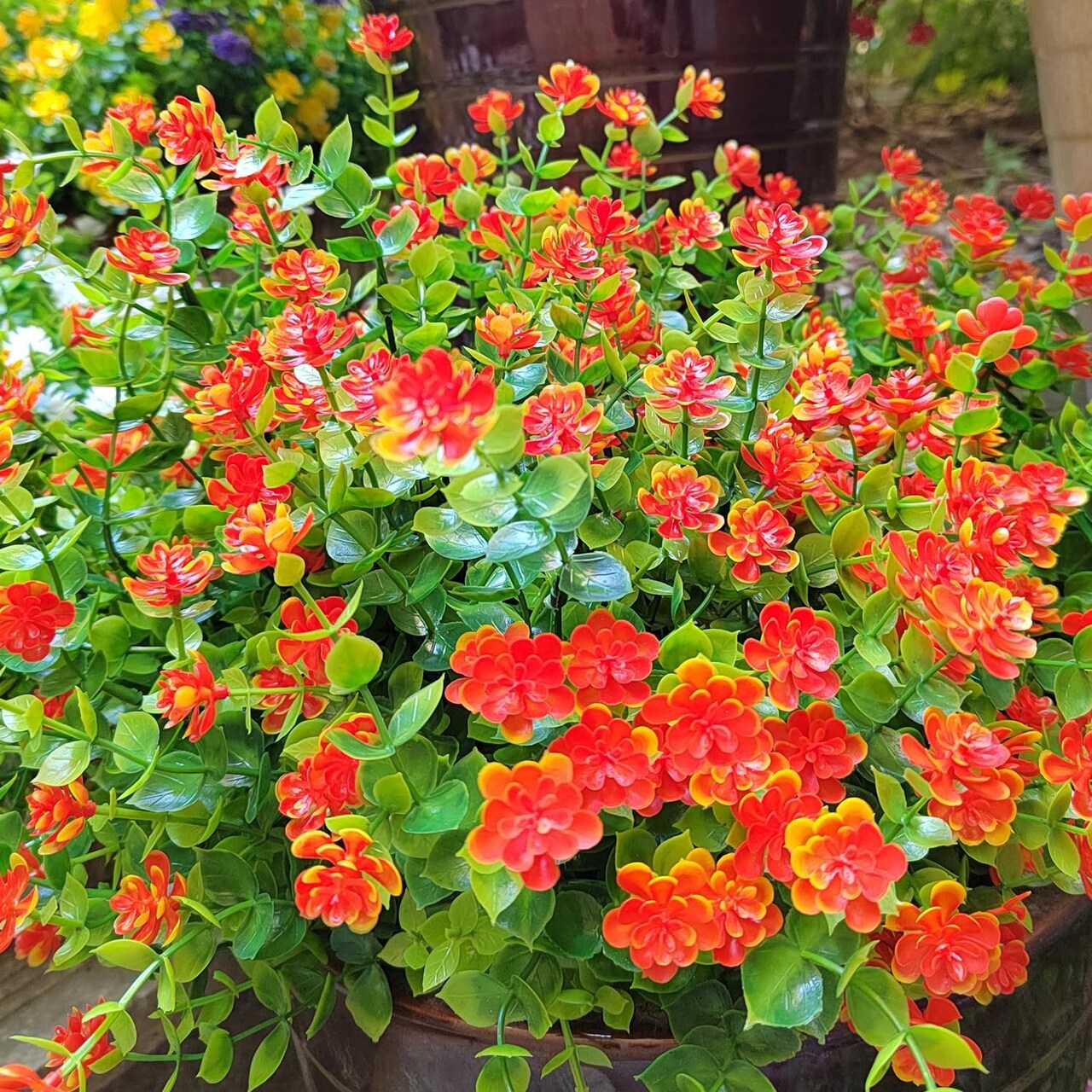 12 Bundles UV-Resistant Artificial Outdoor Flowers – Faux Silk & Plastic Plants for Window Box, Front Porch, Hanging Planters & Garden Decor (Orange Red)